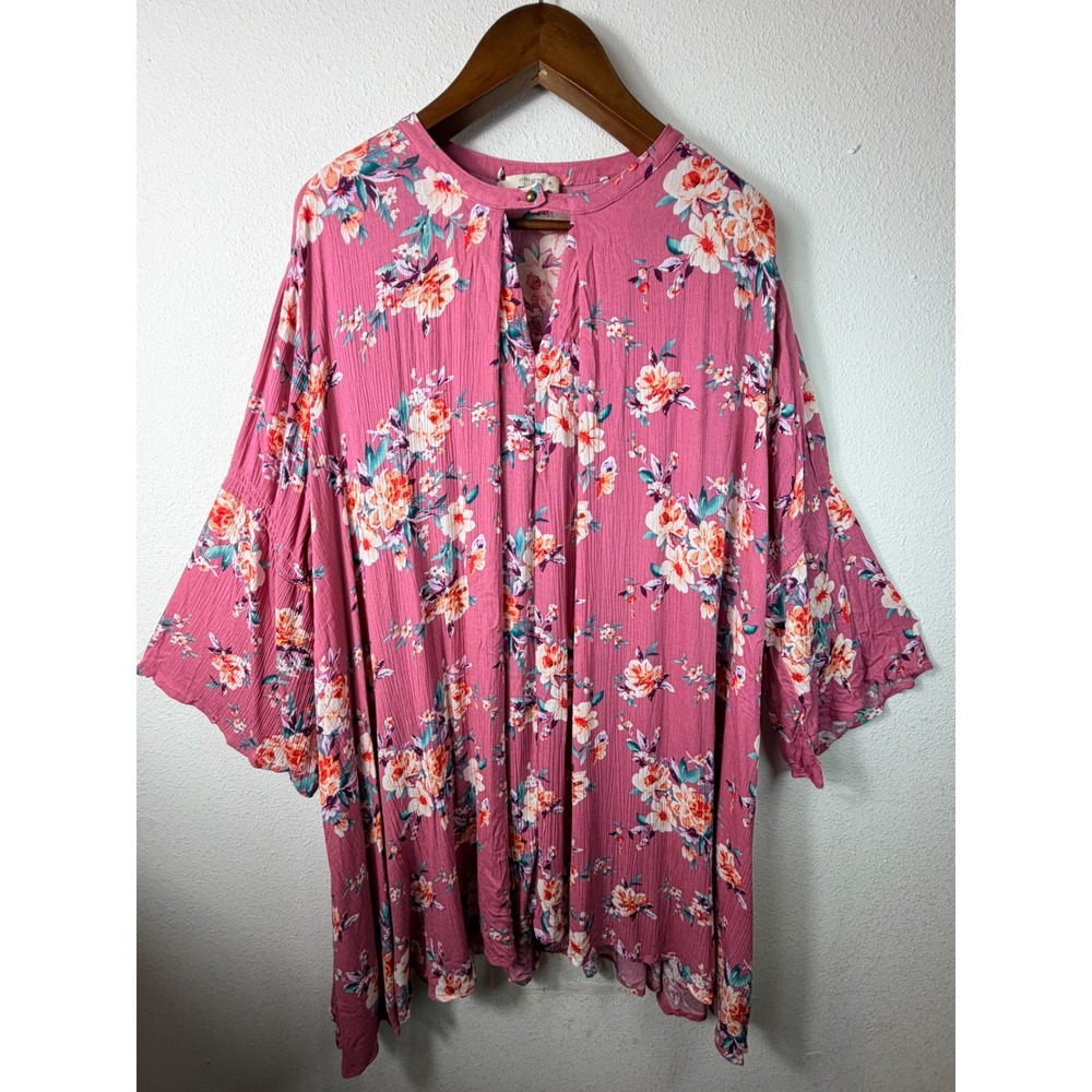 Umgee Womens Tunic Top Pink 2XL Floral Bell Sleeve Boho Bablydoll Flowy